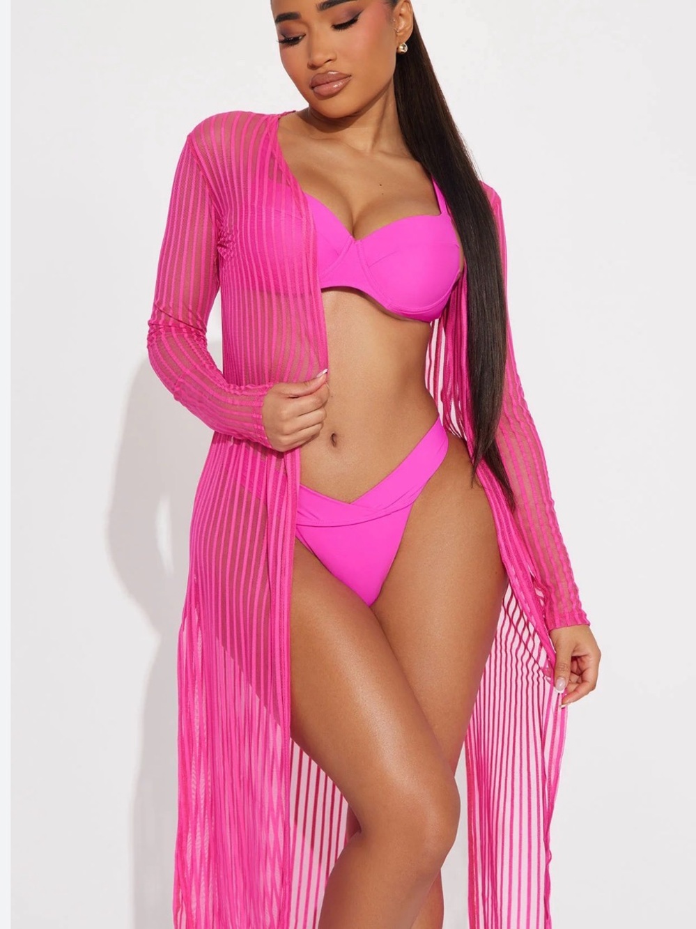 Fashion Nova Hot Pink Bikini Set with Sheer Longline Cover-Up